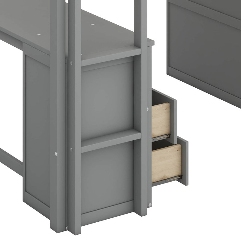 Structure de lit mezzanine en bois massif avec armoire à 2 tiroirs de rangement, lit mezzanine avec placards et bureau, Gris