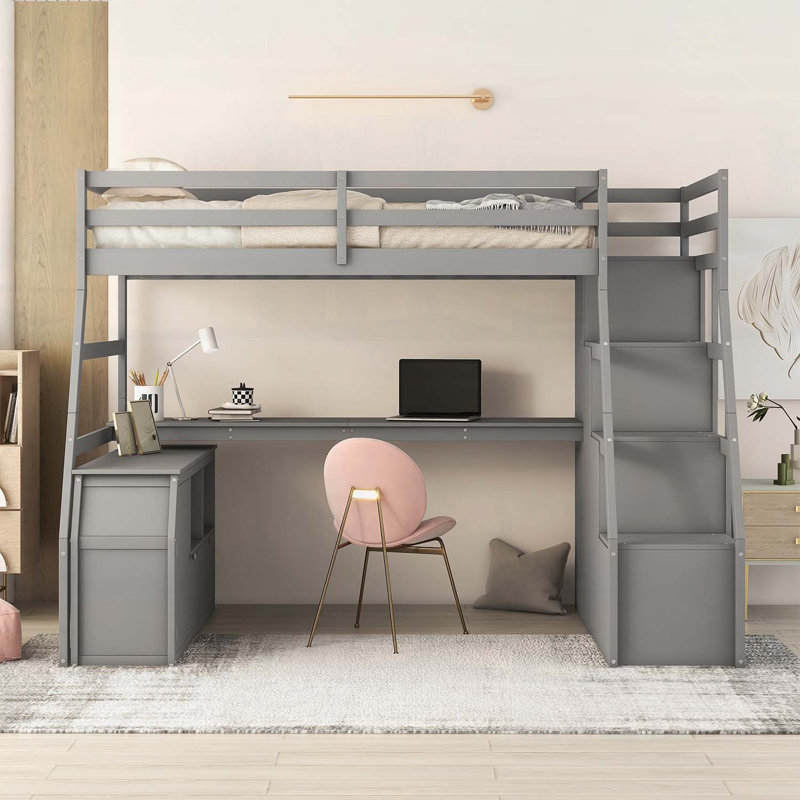 Lit mezzanine simple avec 7 tiroirs, 2 tablettes et bureau gris pour une utilisation compacte et multifonctionnelle, Gris