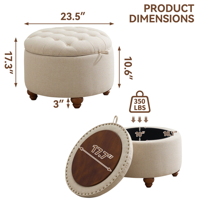 24’’ Wide Upholstered Tufted Round Storage Ottoman, Khaki