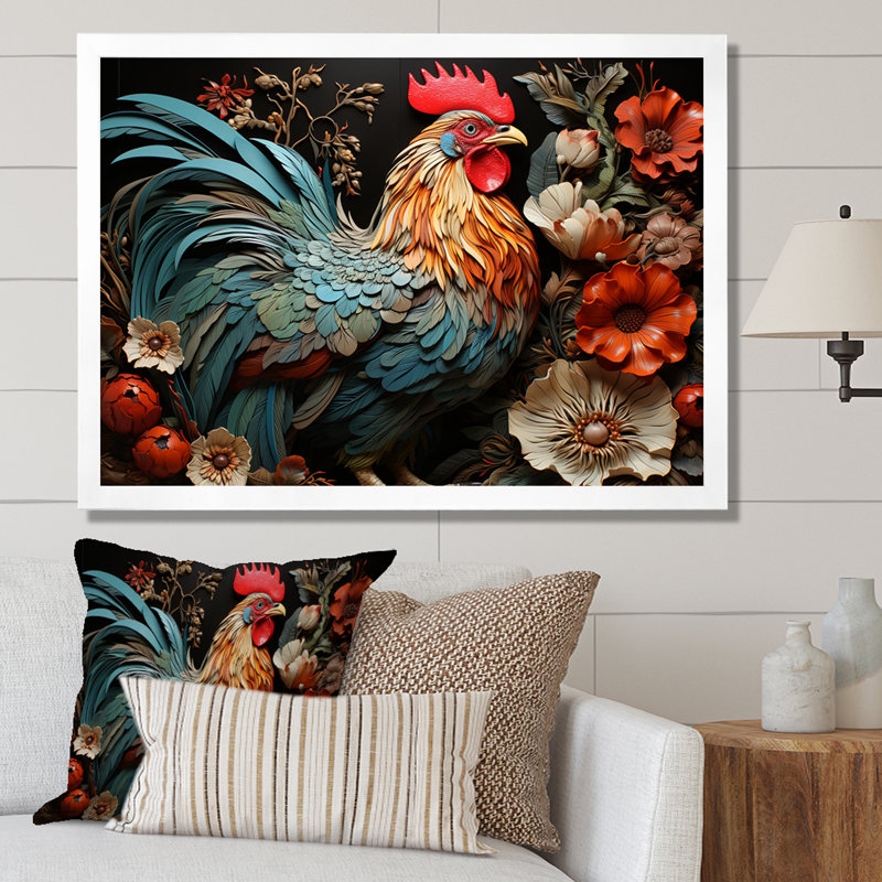 Art mural coq moderne avec coq moderne, Cadre de coin blanc fermé, H 24 po x l 32 po x P 1 po