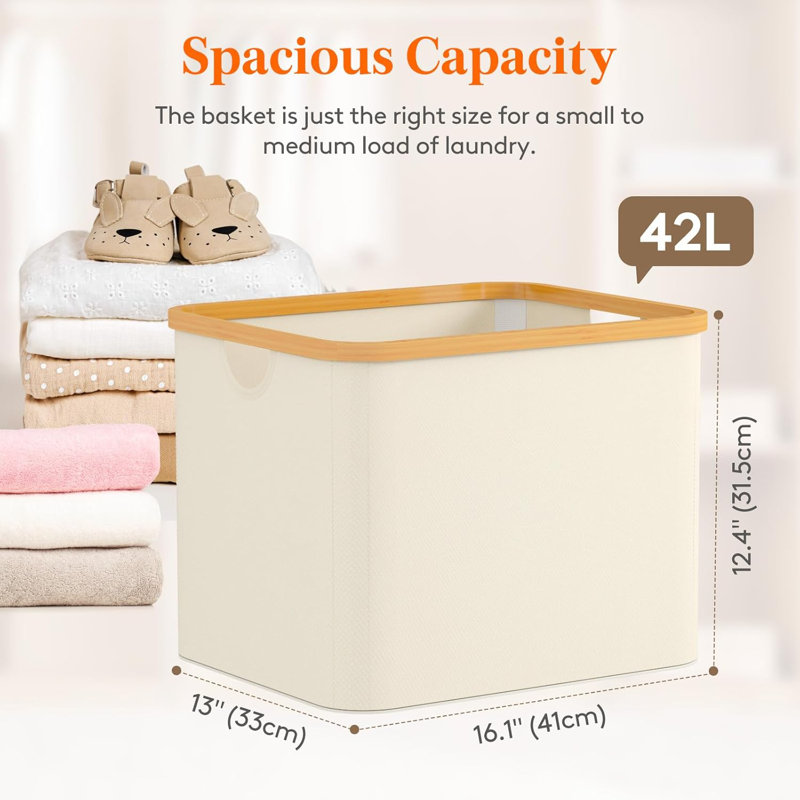 42l Collapsible Laundry Basket With Bamboo Handles, Foldable Laundry Hamper For Closet, Dorm & Laundry Room