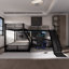 Lit simple superposé au dessus d'un lit double avec lit mezzanine simple, lit en forme de L en métal avec bureau intégré, glissade et ports USB
