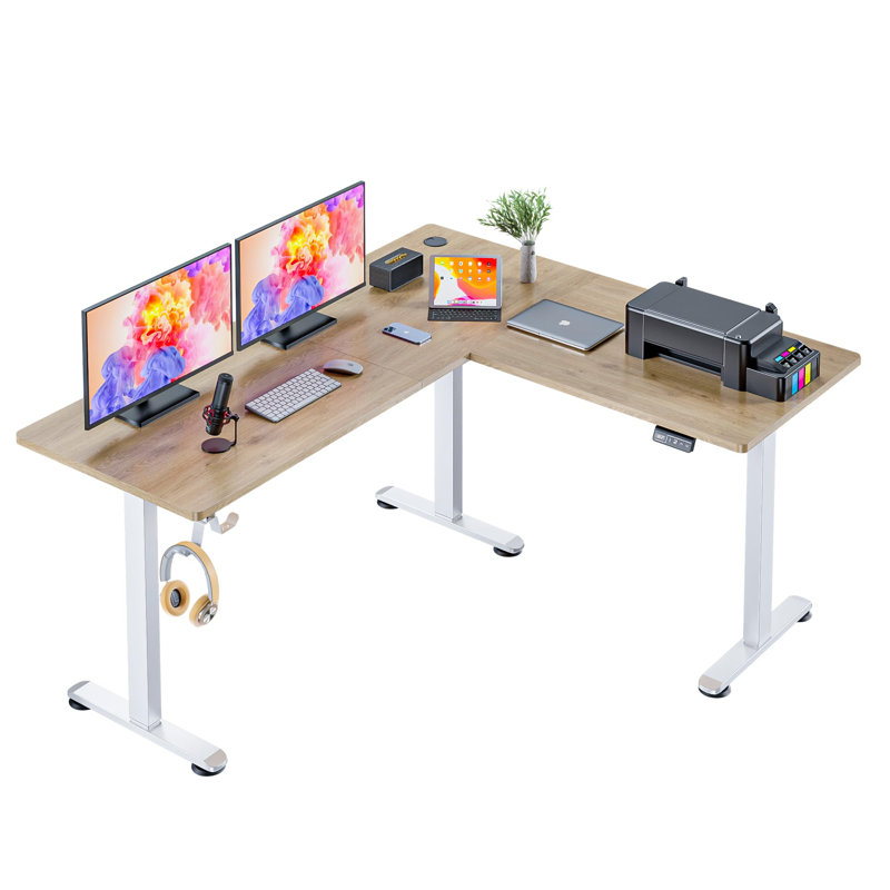 Olivia 63" L Shaped Electric Height Adjustable L Shaped Standing Desk, Oak/Beige