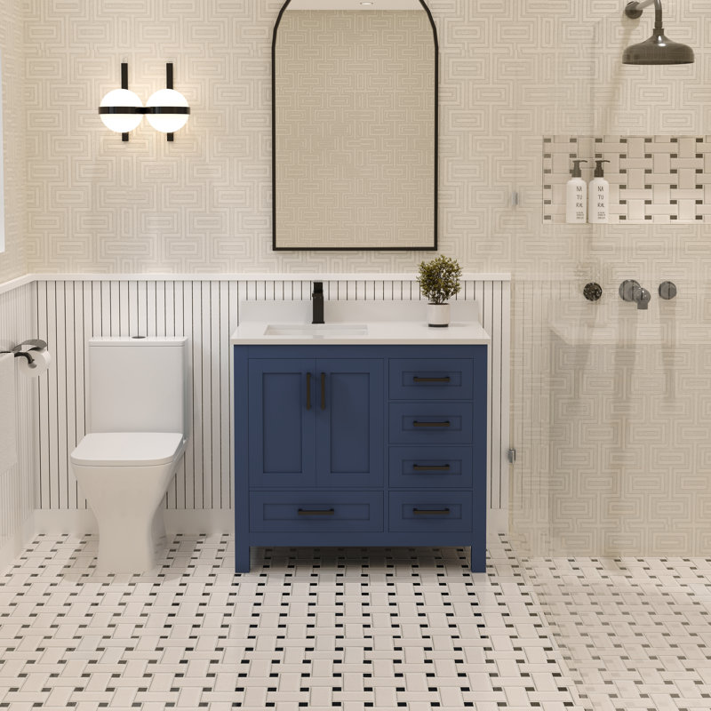 Ensemble de meuble-lavabo 36 po avec comptoir en quartz Ayna Decors Rooh | Lavabo en céramique | 2 portes à fermeture douce | 5 tiroirs à fermeture en douceur