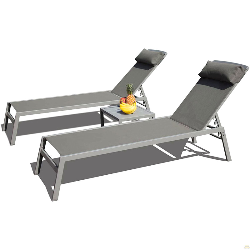 Patio Chaise Lounge Set, 3 Pieces Aluminum Adjustable Pool Lounge Chairs, Gray