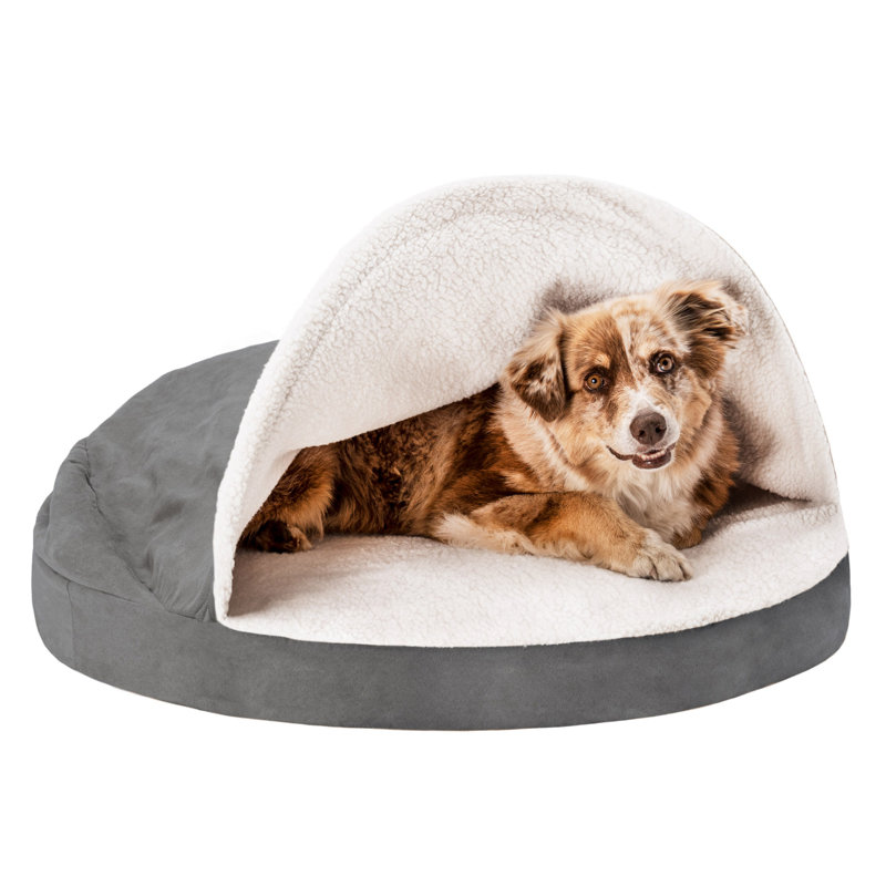 Faux Sheepskin Round Hooded Orthopedic Dog Bed, Gray, Large (35" W x 35" D x 3" H)