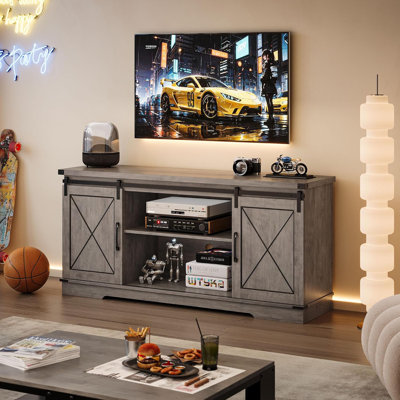 Meuble télé et meuble télé Farmhouse pour téléviseur de 65 po ou moins avec portes de grange coulissantes et tablette ajustable, console de rangement pour téléviseur et meubles pour le salon, la chambre à coucher, gris