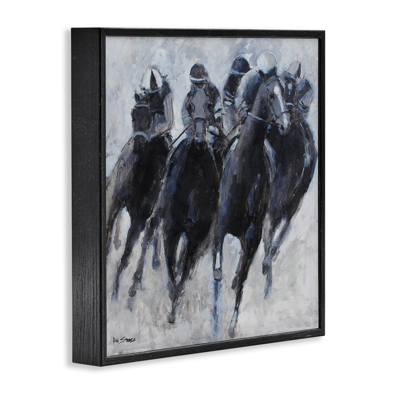 Puissant jeu de course équestre, estampe numérique, design par Allayn Stevens, H 24 po x l 24 po, Giclée encadrée noir minuit