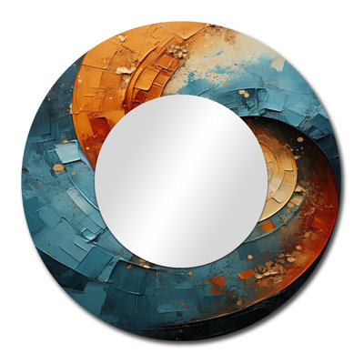 Orange Teal Abstract Spirals I - Abstract Spirals Wall Mirror, Modern Round Decorative Mirror, Printed Metal Art