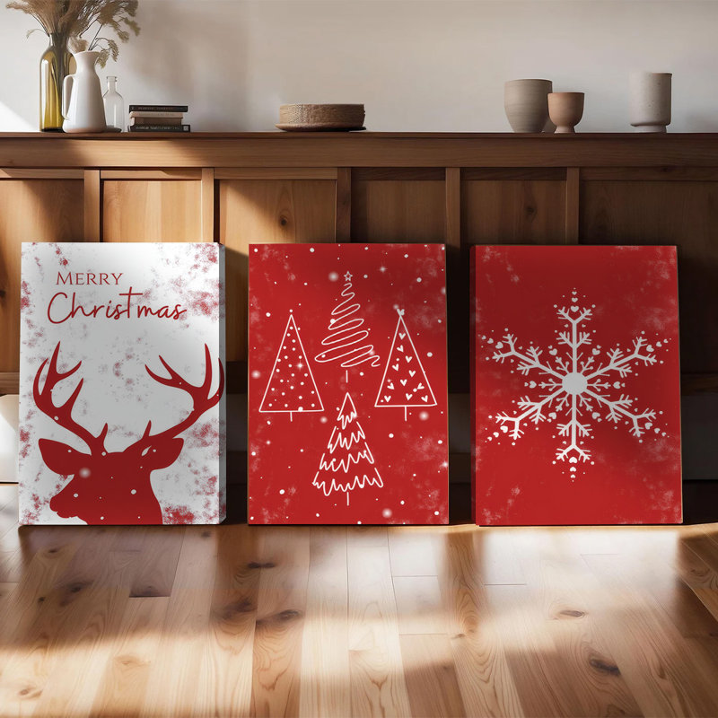 Ensemble de 3 affiches murales encadrées, décorations murales sur toile « Joyeux Noël », avec tête de renne rouge et blanche, flocon de neige et sapin de Noël. Décor moderne pour le salon, la chambre à coucher ou le bureau. Idée-cadeau de Noël festive.