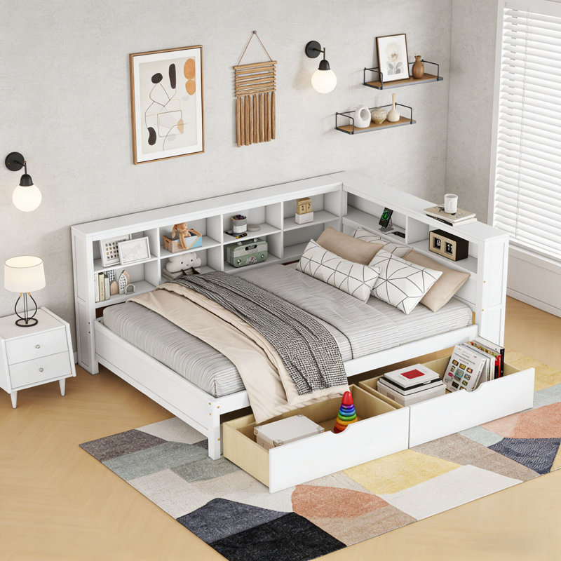 Lit de jour en bois avec 2 tiroirs, Blanc, Lit double
