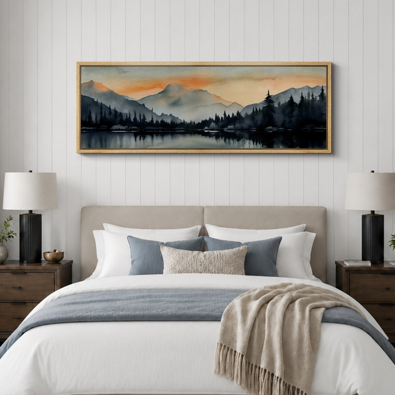 Woodland Forest Landscape Sunset Mountain Range and Lake, reproduction d'art sur toile, H 20 po x l 60 po, Natural