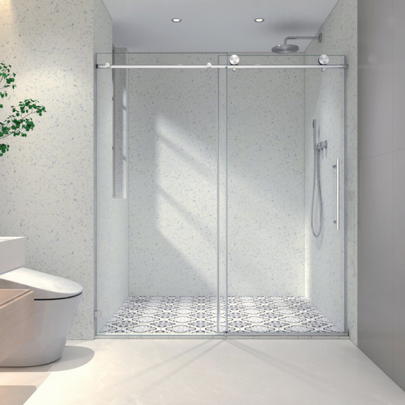 Une porte de douche fixe et une porte décalée sans cadre, de grandes poulies en acier inoxydable 304 de 70 mm avec fonction de fermeture en douceur réglable, un nettoyage Nano facile, un bâton anti-déflagrant