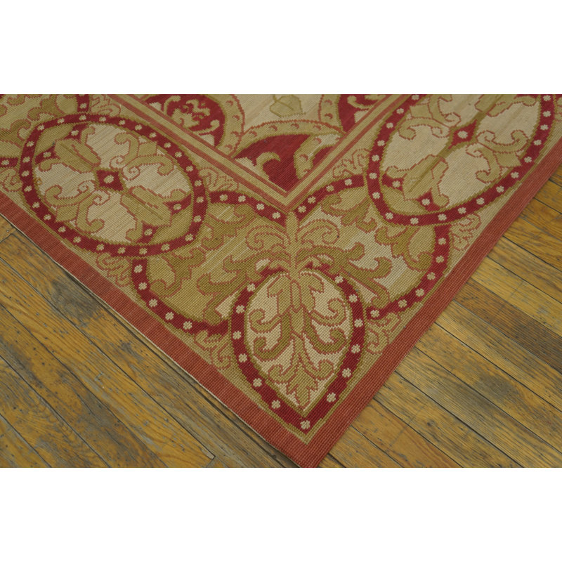 Tapis rouge / vert clair en laine noué à la main de conception unique 9 pi x 12 pi