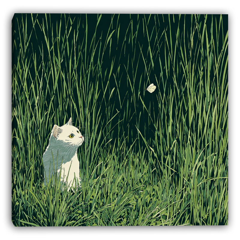 Chat et papillon dans un pré II, art mural sur toile tendue, H 20 po x l 20 po, 1
