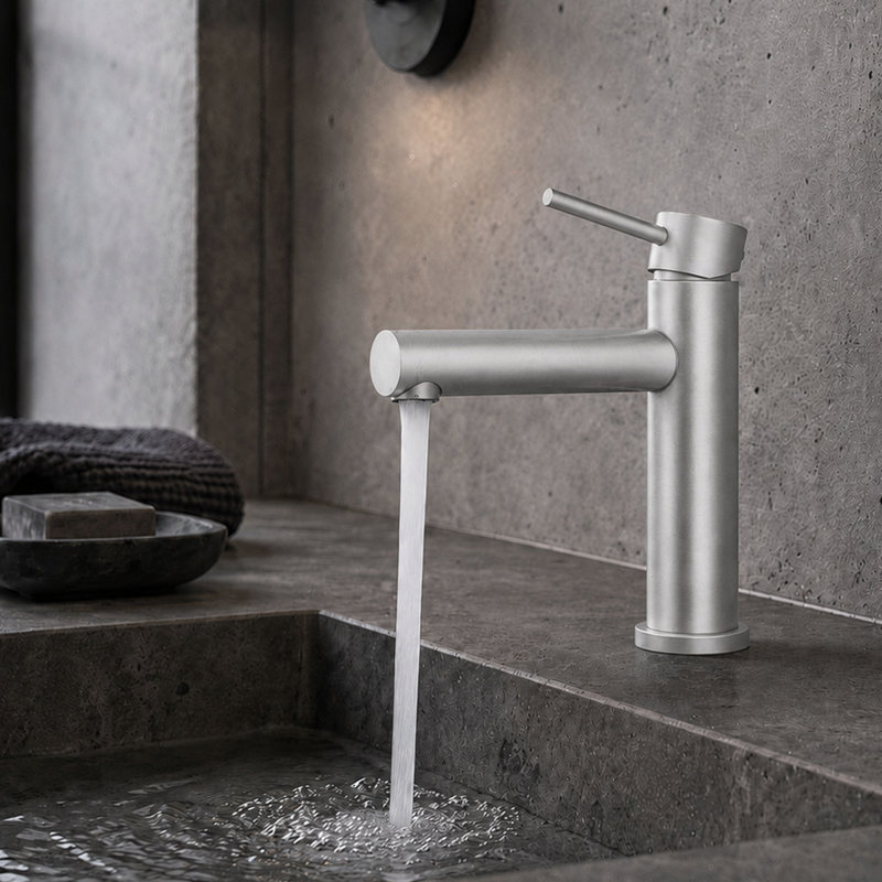 Robinet pour salle de bain à un trou et poignée simple, Nickel brossé