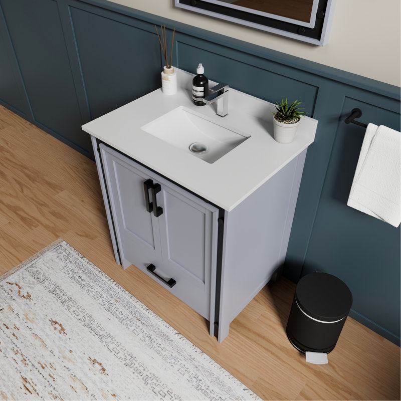 30 po De salle de bain gris foncé avec miroir de 28 po et rangement pratique