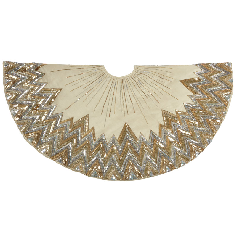 Handmade Christmas Tree Skirt - Hand Beaded Metallic Starburst on French Vanilla Silk, 60" W