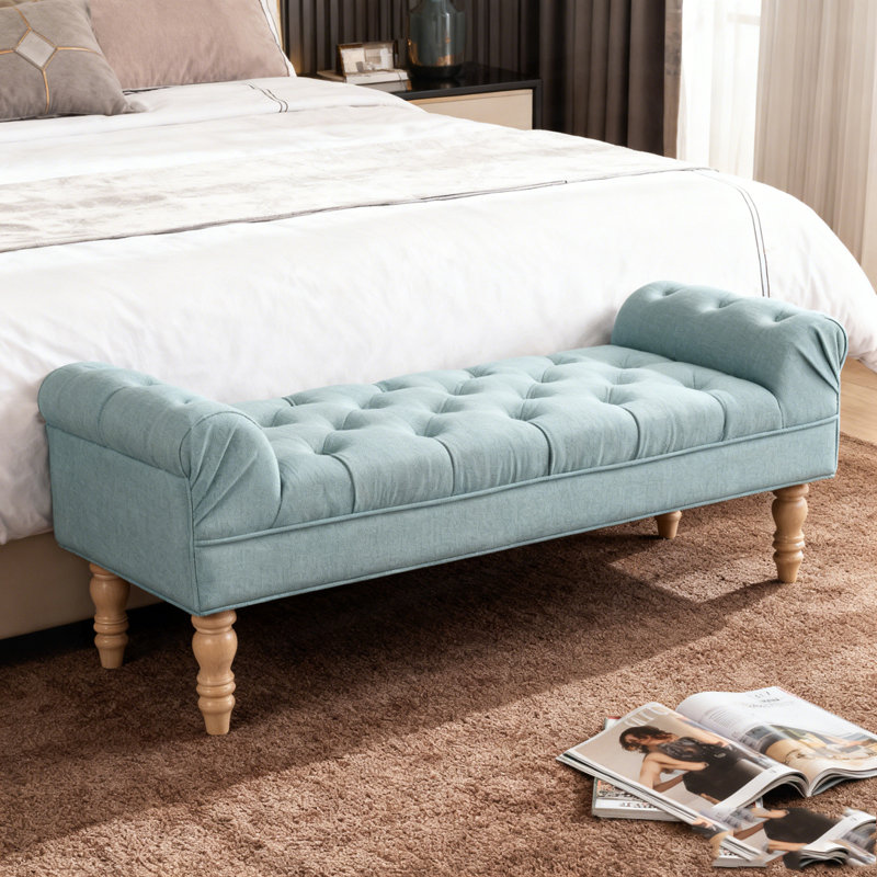 Button-Tufted End of Bed Bench,Large Upholstered Ottoman,Foot Rest with Legs,Footstool with Rolled Arms,Upholstered Fabric Bench,Indoor Bench for Bedroom,Living Room,Entryway