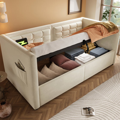 Lit de jour simple rembourré en velours beige avec cadre de lit de rangement hydraulique, charge de type C, lattes en bois et dossier, une excellente mise à niveau de chambre à coucher