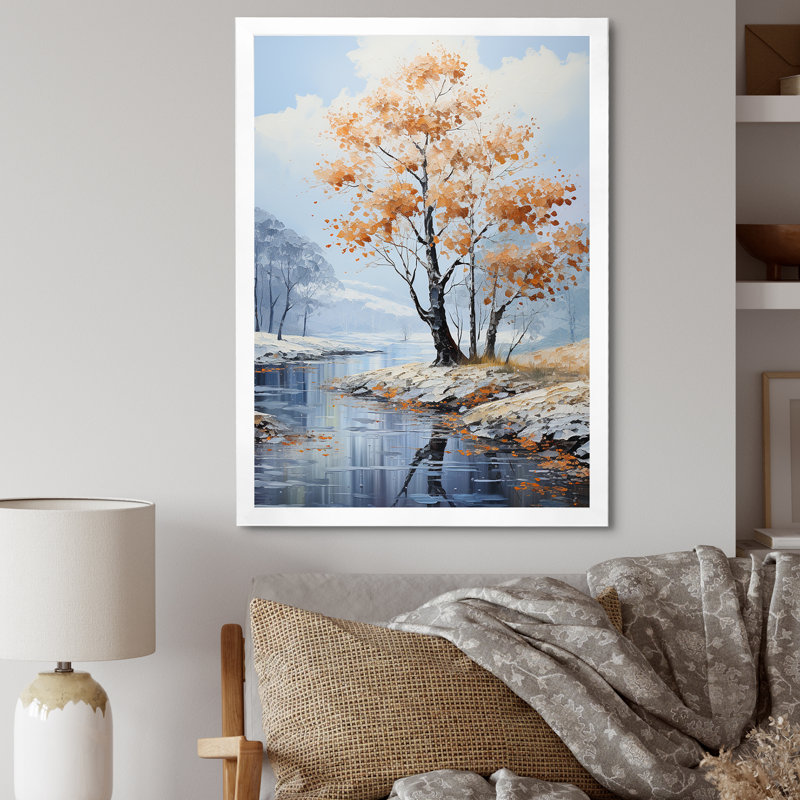 " Soft Blue Tones Maple Tree ", 20" H x 12" W x 1" D, White Picture Frame