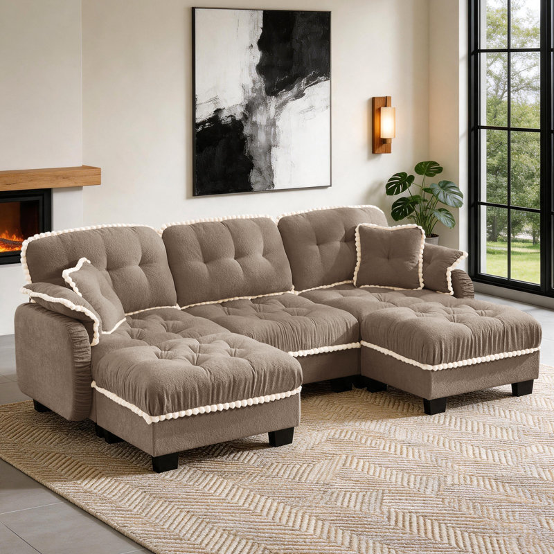 Canapé d'angle modulaire en chenille de 100,9 pouces, 5 pièces, en forme de U, avec 2 poufs rembourrés amovibles et des coussins.