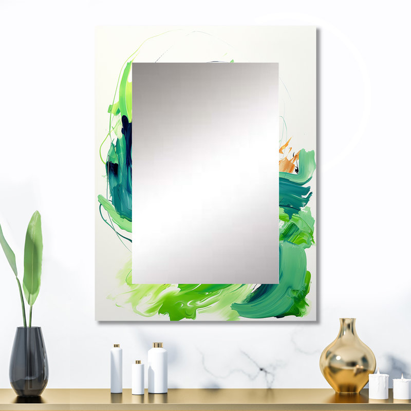 Green and white Abstract ink expression VI - Abstract Painting Mirror, Green Decorative Wall Mirror, Printed Metal Art