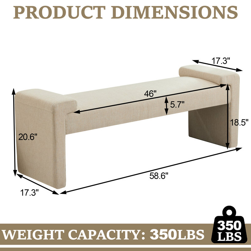 58.6" W Upholstered Bedroom Bench, Tan Linen, 20.6" H x 58.6" W x 17.3" D