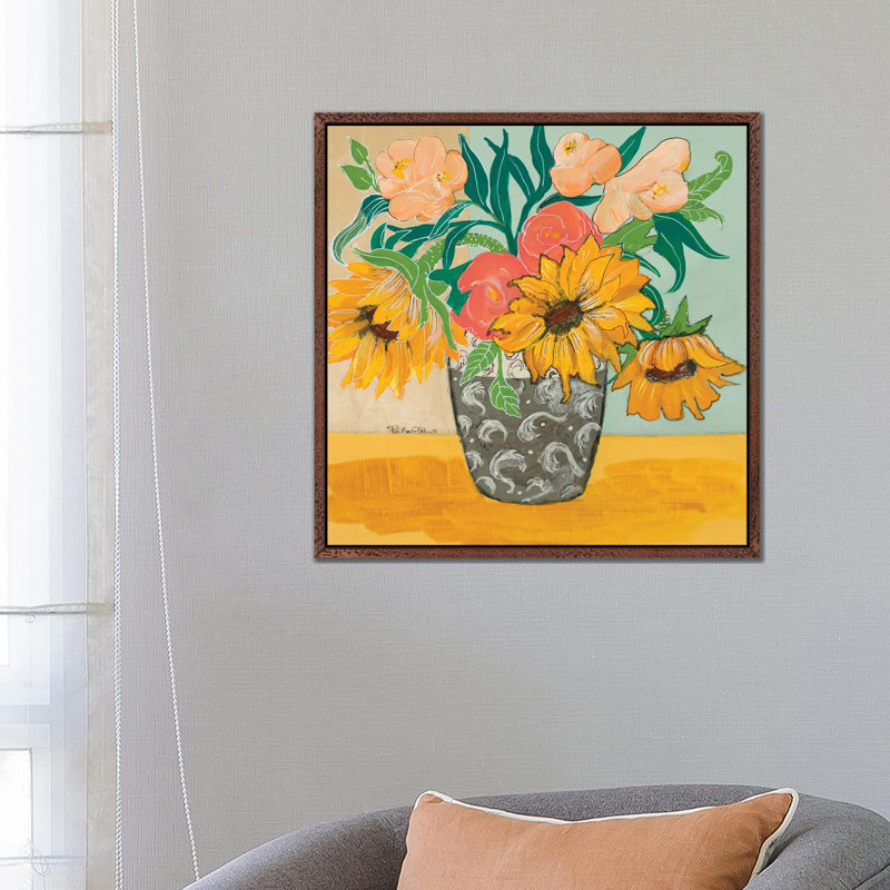 Summertime Vase by Robin Maria - Painting on Canvas, 66.04 cm H x 66.04 cm W, Brown Floater Frame