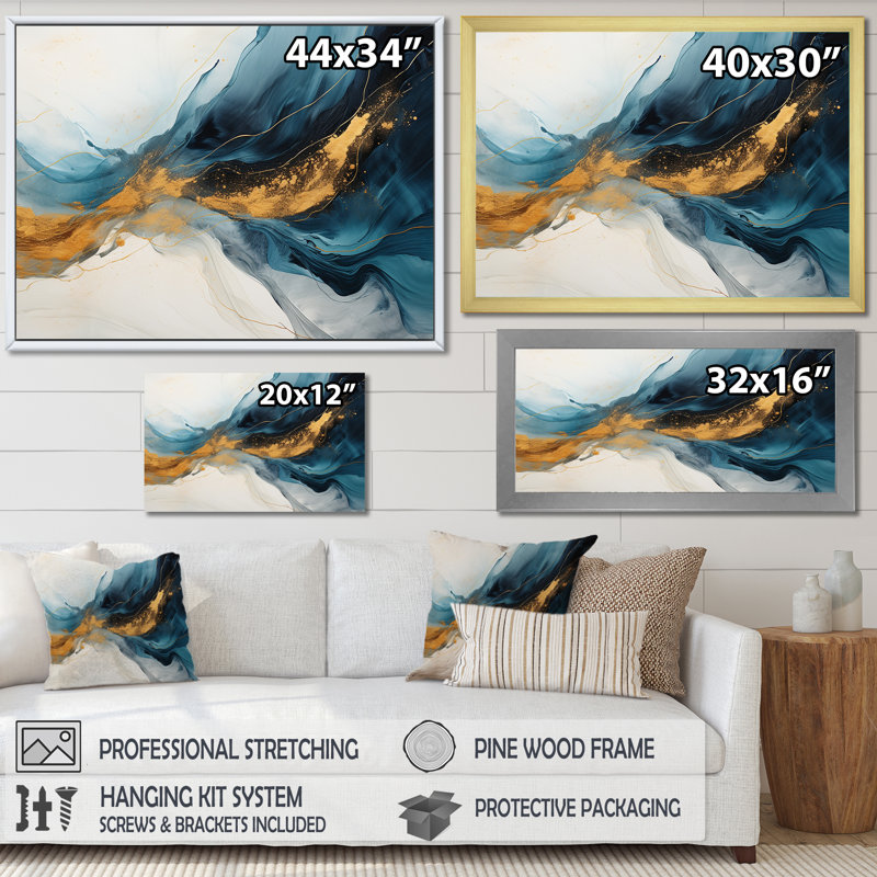 «Subtle Sensations Nova», aquarelle bleue et dorée - peinture murale abstraite, H 16 po x l 32 po x P 1 po, Toile tendue