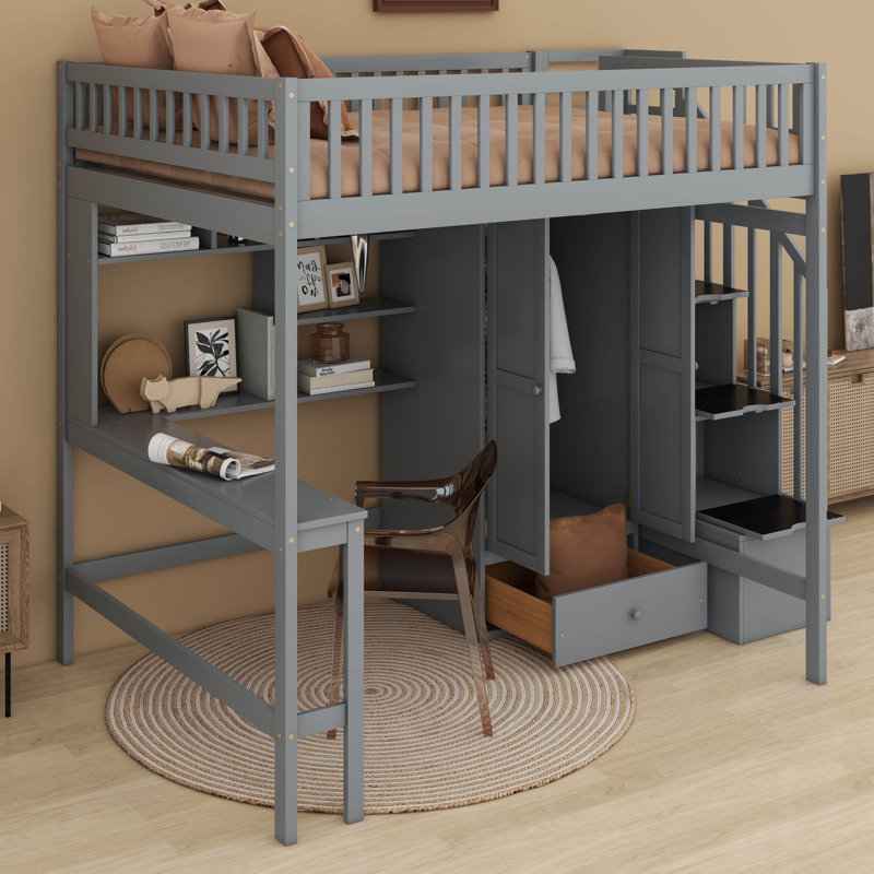 Lit mezzanine double avec tiroirs Jamesy Kids, gris