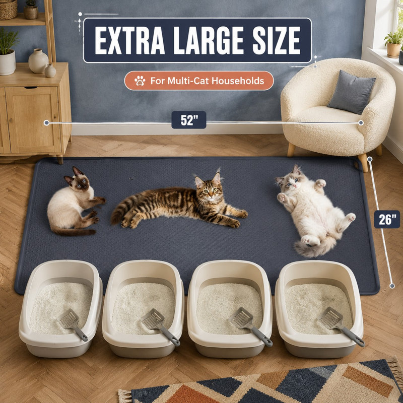 XXXL 52 x 26 in extra-large gray silicone litter mat designed as a jumbo waterproof pet floor mat, with litter-trapping performance and easy cleaning for multi-cat households.