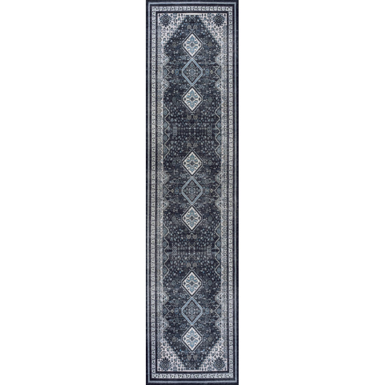 Dalyan Geometric Medallions Machine-Washable Navy/Light Gray Rug