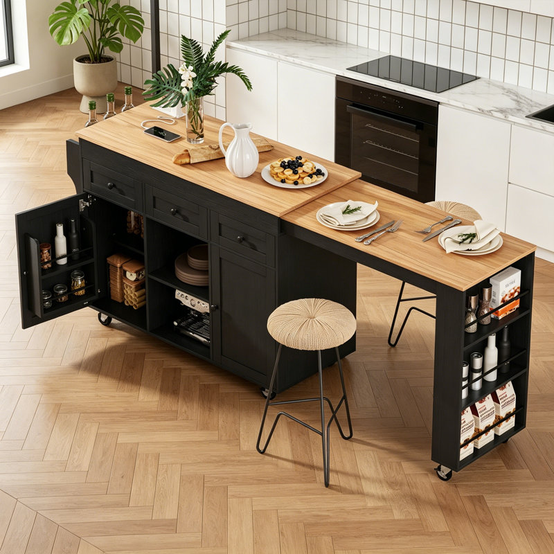 Kitchen Island With Extendable Dining Table, Black