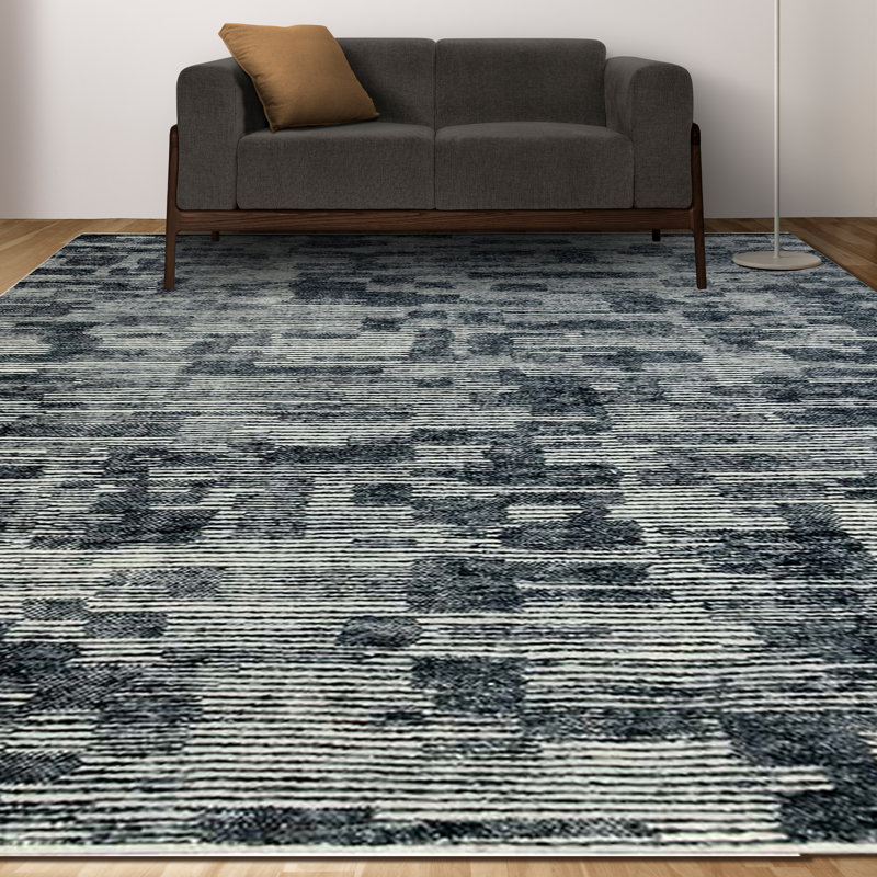 Wool Geometric Area Rug in Black/Light Gray, Rectangle 8' x 10'