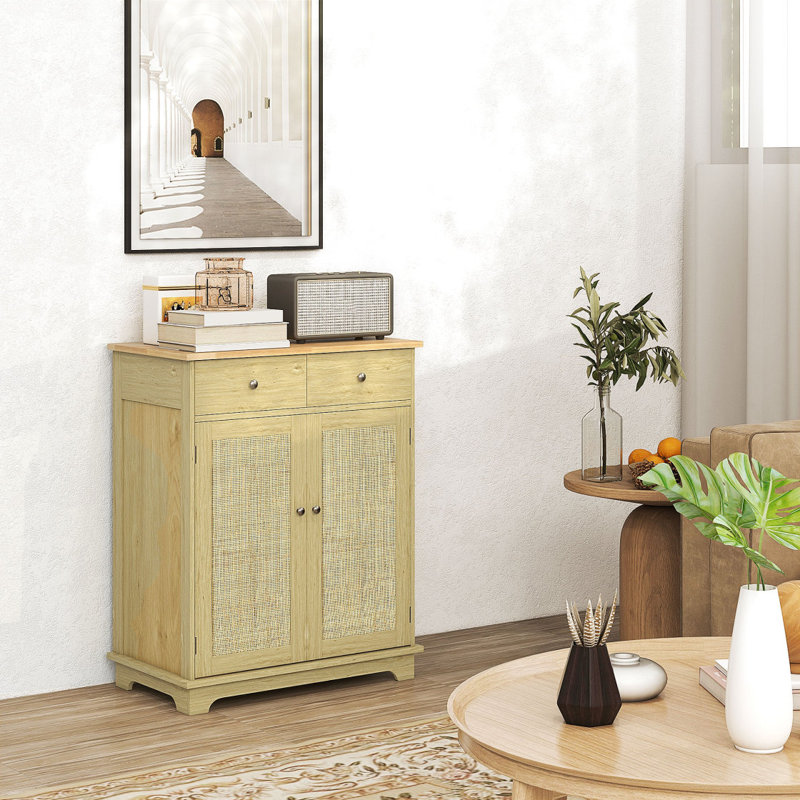 Buffet avec portes en rotin naturel et tablettes réglables, Naturel