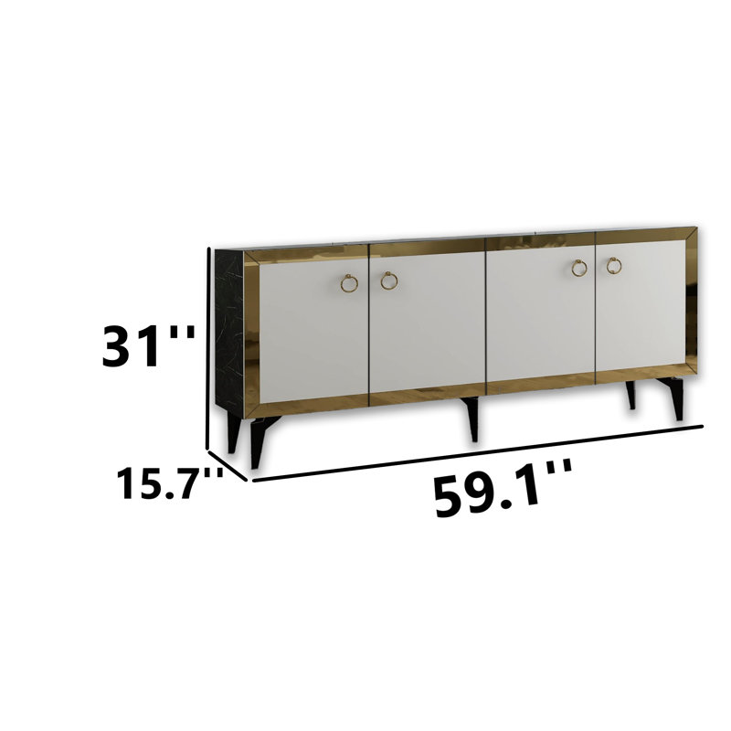 59'' Wide Rectangle Console With Reflective Strip, White/Gold