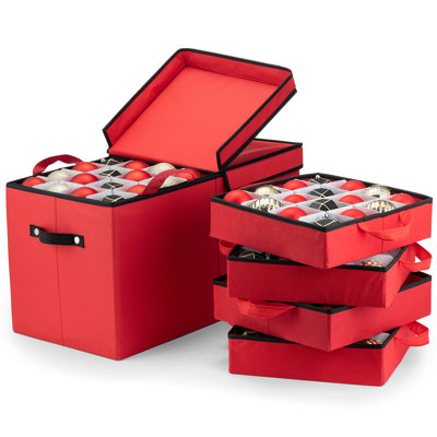 Christmas Ornament Storage Box - Stores 128 3" Ornaments with Individual Trays - Tear Proof 600D Oxford Fabric - ornament organizer storage box, Durable Christmas Containers Holder - Red