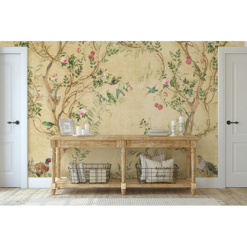 Papier peint rétro avec oiseaux et fleurs en beige, L 75 po x l 112 po, Jaune