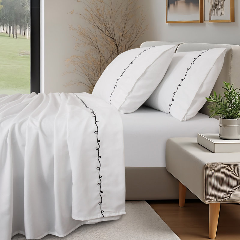 Swirl Scribble Embroidery Sheet Set, Black, King