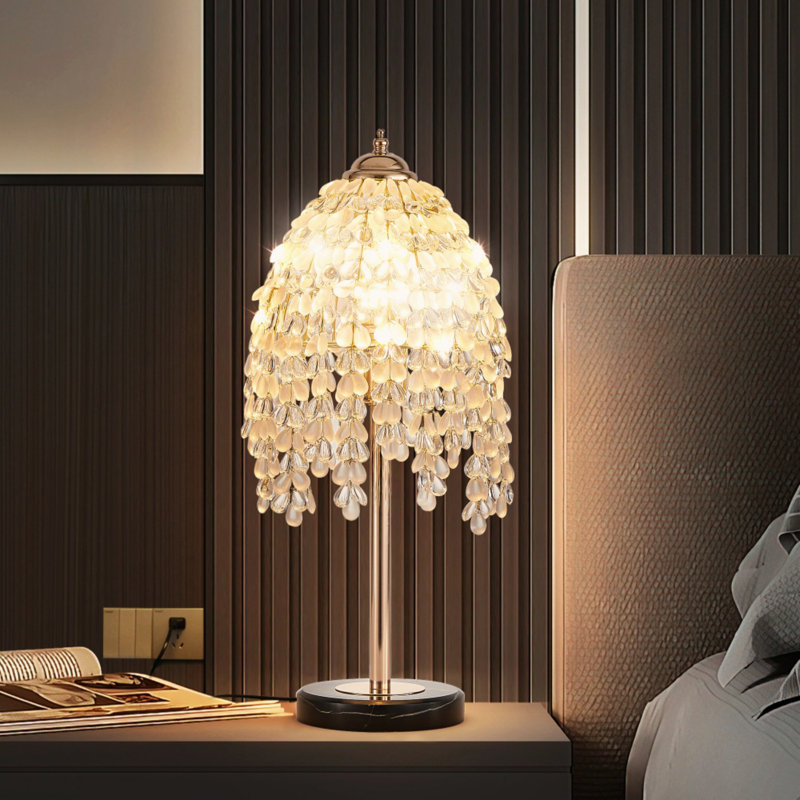 19" Elegant Crystal Table Lamp – Vintage Waterfall Design With Teardrop Grape Crystal Bead String Shades And Marble Textured Base For Living Room, Bedroom, Or Office (bulb Not Included) 
