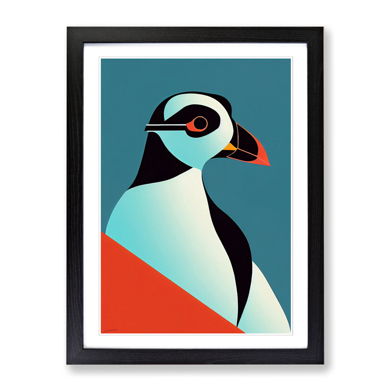 Puffin Art Deco Vol.2 - Single Picture Frame Print, Black, 64cm H x 46cm W x 2cm D