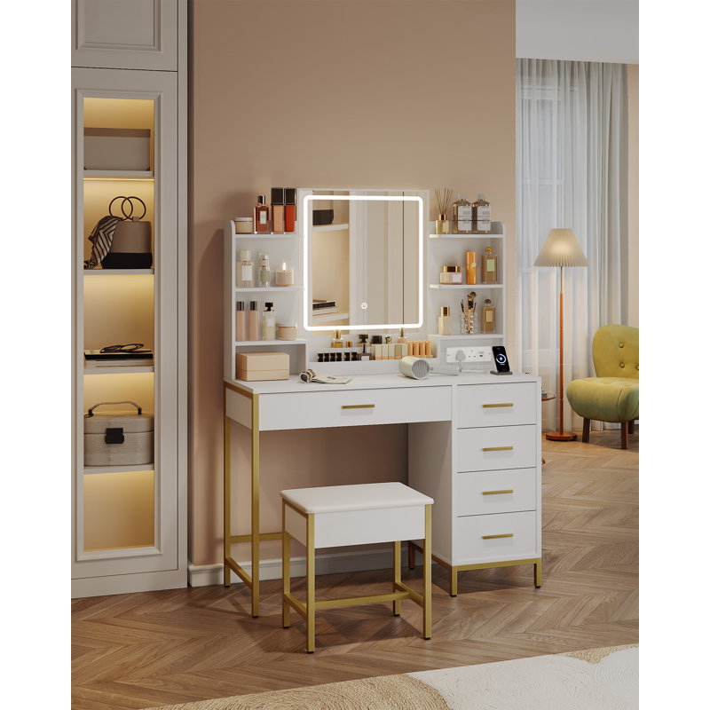 Dressing Table, Vanity Makeup Table with Soft Stool, HD Mirror and Adjustable LED Lights, Socket and USB, 5 Drawers, Open Storage Compartment, Modern Style
