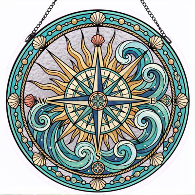 Nautical Compass Stained Glass Window Panel，7.8H