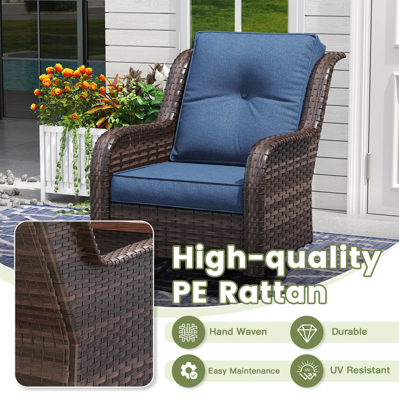 Stylish Outdoor Woven Rattan Single Sofa, Navy Cushion/Brown Frame