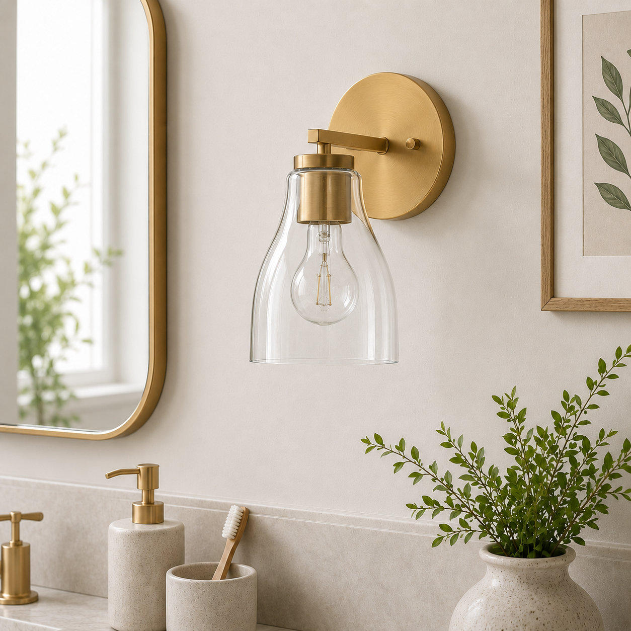 Keston Dimmable Vanity Light, Brushed Brass, 1 Light, 10" H x 5.2" W x 6.5" D