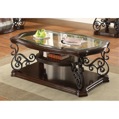 Table basse à 2 tablettes avec plateau en verre, finition rouge profond profond, revêtement confortable en cuir, tablettes pour organiser les objets, base en piédestal, bon salon principal, hauteur de 20,5 po, largeur de 51,83 po,