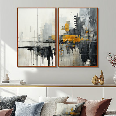 Abstrait paysage urbain III - art mural sur toile jaune 2 panneaux