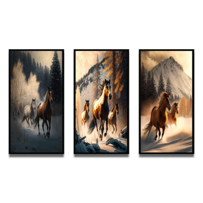 " Wild Horses Galopping Winter Scene IV " 3 - Pieces