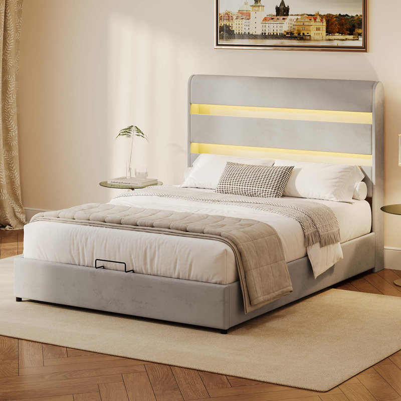 Martrice Upholstered Platform Hydraulic Storage Bed, Lift Up Storage Bed with RGB LED Light Headboard, No Box Spring Needed,Velvet